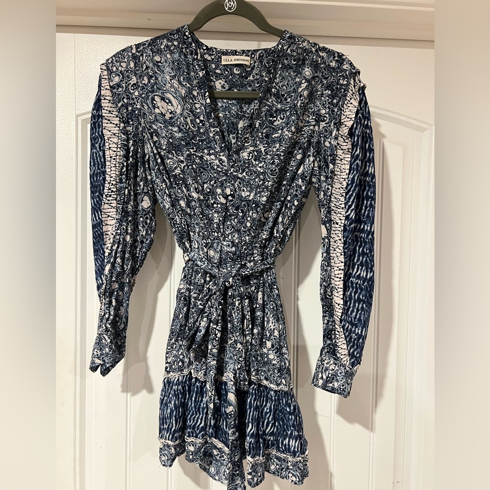 Ulla Johnson Noumi Dress Women's 0 Indigo Blue Paisley Ruffle Tiered Mini